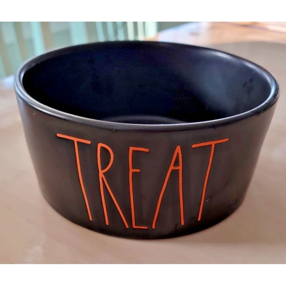 Rae Dunn TREAT Halloween Black Orange Pet Dog Food/ Water 6x3